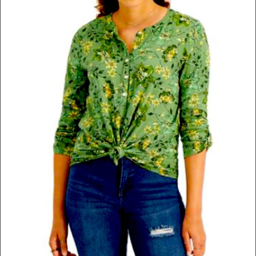 Style &Co Women 100% Egyptian Cotton Printed Henley Shirt-Floral Green
